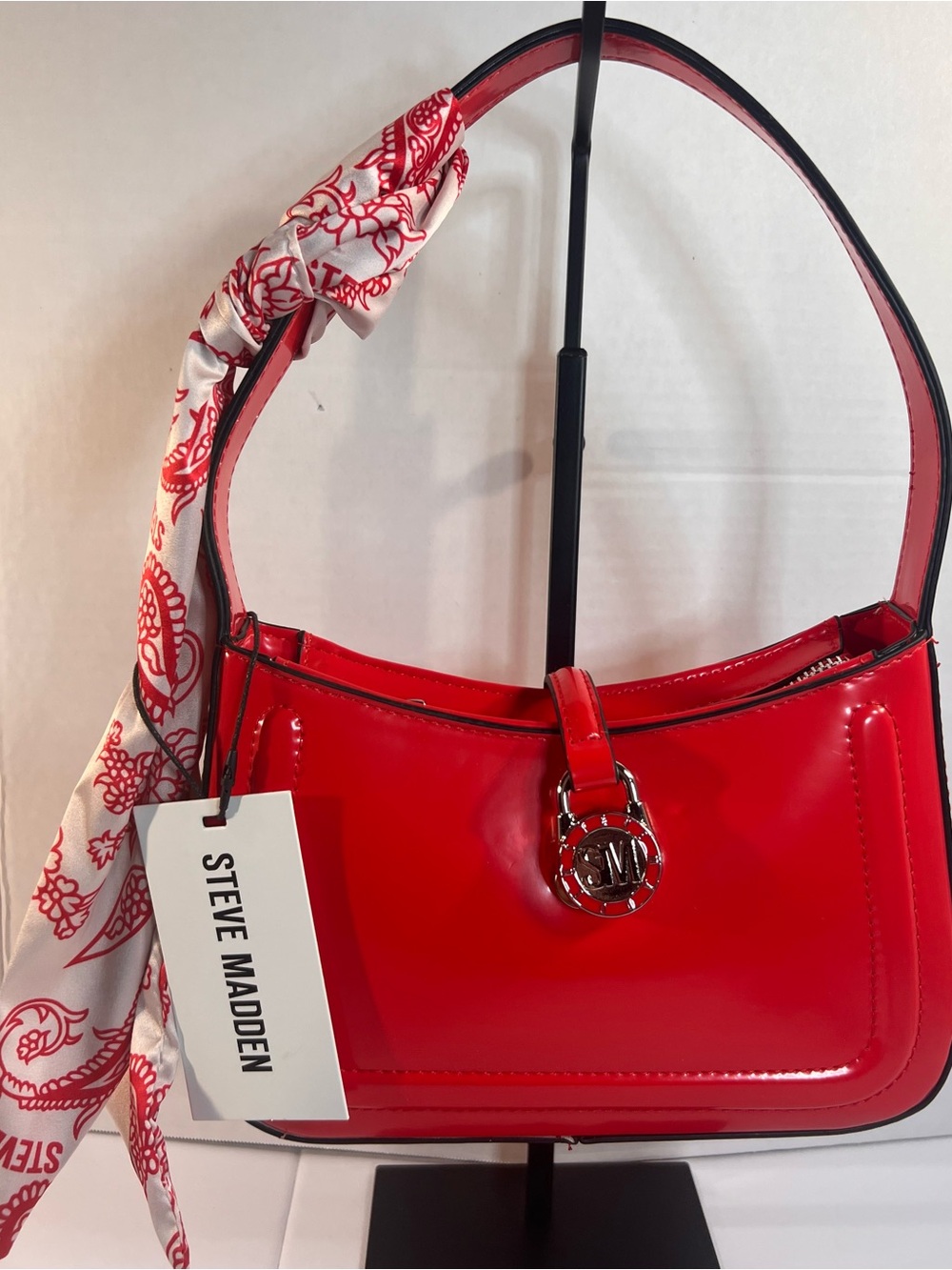 Steve Madden Broselyn Shoulder Bag Red Scarf Charm Patent Look NWT